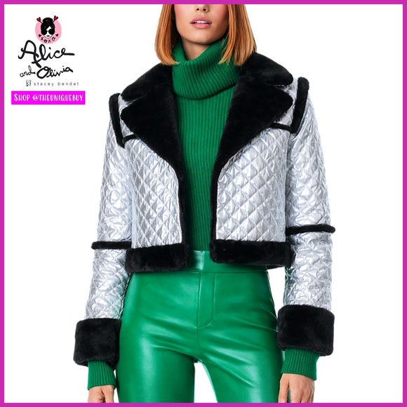 Alice + Olivia Luisana Vegan Leather Quilted Metallic Fur Combo Jacket Coat - Picture 14 of 17